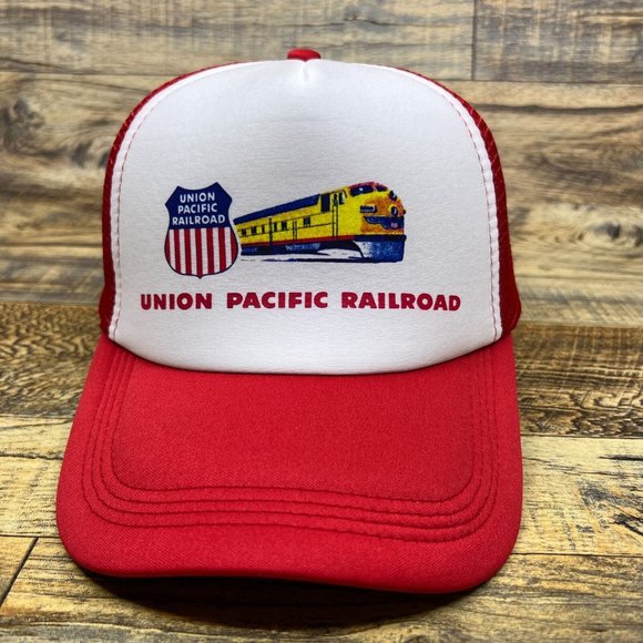 Union Pacific Railroad Mens Trucker Hat Red Snapback Train System Vintage Logo - Picture 2 of 8